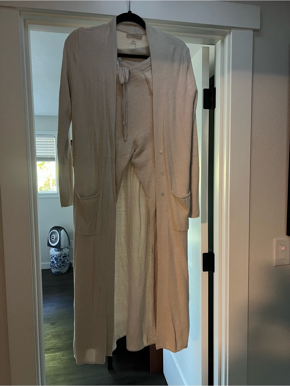 Barefoot Dreams long Cardigan and matching lounge pants in a creamy white beige.